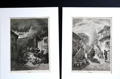 Gustave Dore Pair of Prints 1870 WAR and PEACE Matted Antique