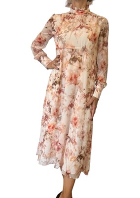 PIETRO BRUNELLI PEACH FLORAL CHIFFON LONG SLEEVE MIDI HIGH NECK DRESS XXS ITALY