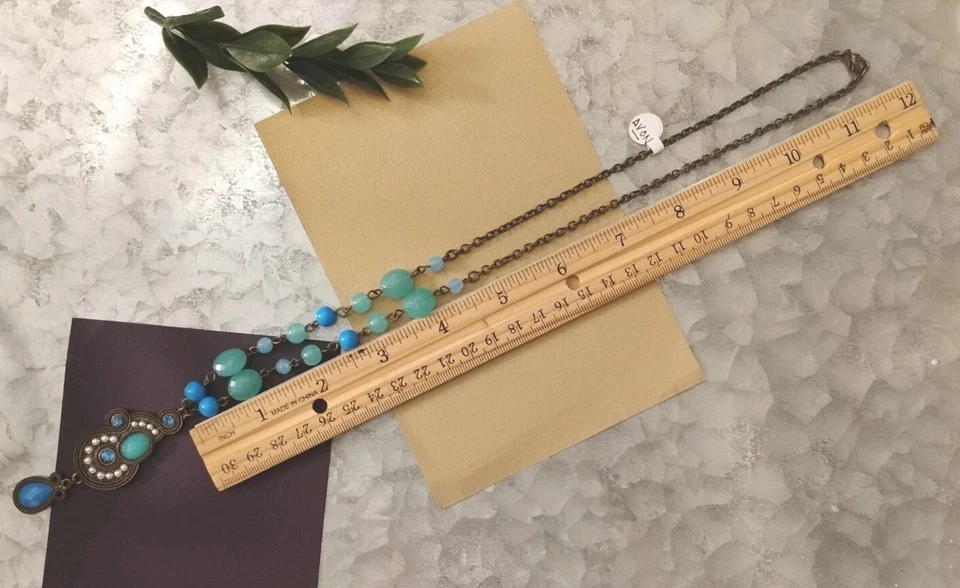 Ornate AVON JJH 海泡沫/天蓝色珠吊坠 23 英寸项链古董黄铜色! — 第 3/4 张图片