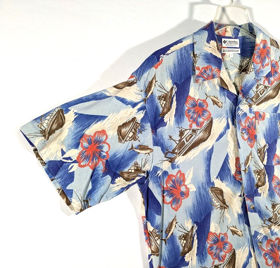 Columbia Para Hombres L Azul Floral Hawaiano Tropical Manga Corta Abotonable Campamento Peces Foto 3 de 4