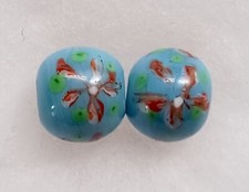 Beads, Glass, Set of 2 Pieces - 13 mm, Blue with Floral Lamp Work