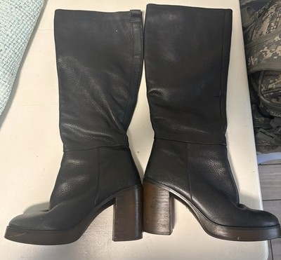 Minelli Women s Black Leather Knee High Boots Block Heel Zip EU 37