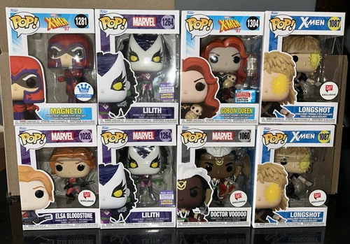 LOT OF 7 MARVEL FUNKO POPS!  LILITH, LONG SHOT, DOCTOR VOODOO (no magneto) -NEW