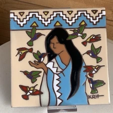 Earthtones Tile Native Woman Southwest Hummingbird Vintage Arizona Trivet