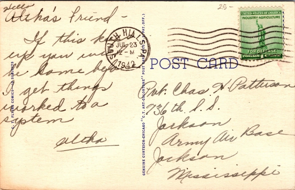 Tarjeta postal de lino Pinup Girl Aviatrix Curt Teich Flying Comics C-123 1942 Foto 2 de 2