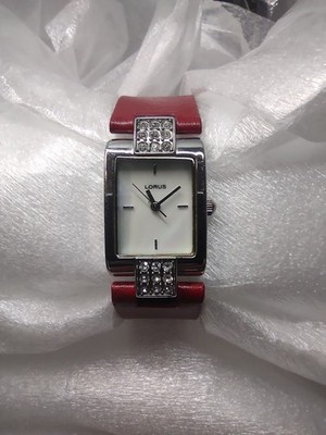 Lorus Quartz Gemmed Rectangle Red Leather Mother of Pearl Dial Wristwatch