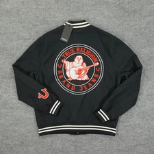 True Religion Jacket Mens Medium Jet Black Western Varsity Snap Button Bomber