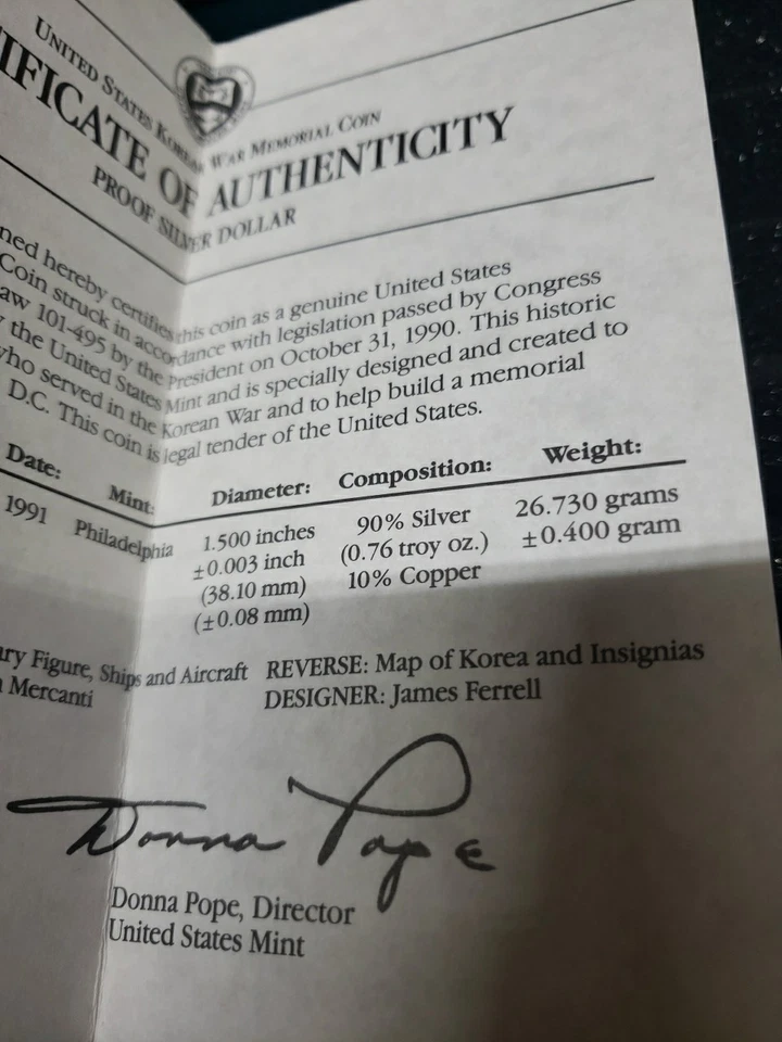 UNITED STATES MINT 1991 KOREAN WAR MEMORIAL COIN SILVER DOLLAR $1 PROOF+BOX+COA - Image 4 of 4