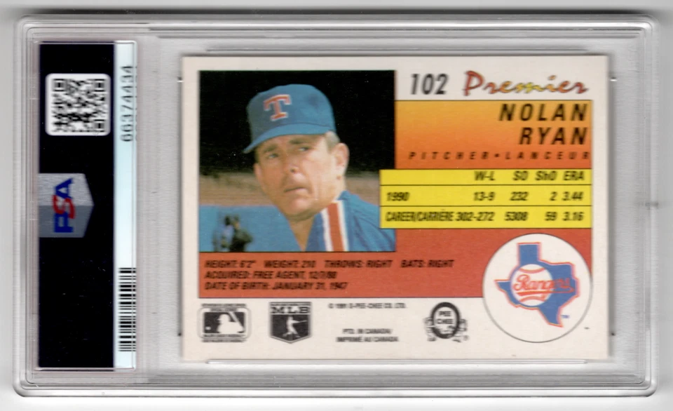 Nolan Ryan 1991 O-Pee-Chee Premier #102 TEXAS RANGERS PSA 9 Mint - Image 2 of 2