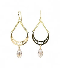 Gold Crescent Moon Dangle Earrings Faceted Crystal Drop Boho Celestial Handmade