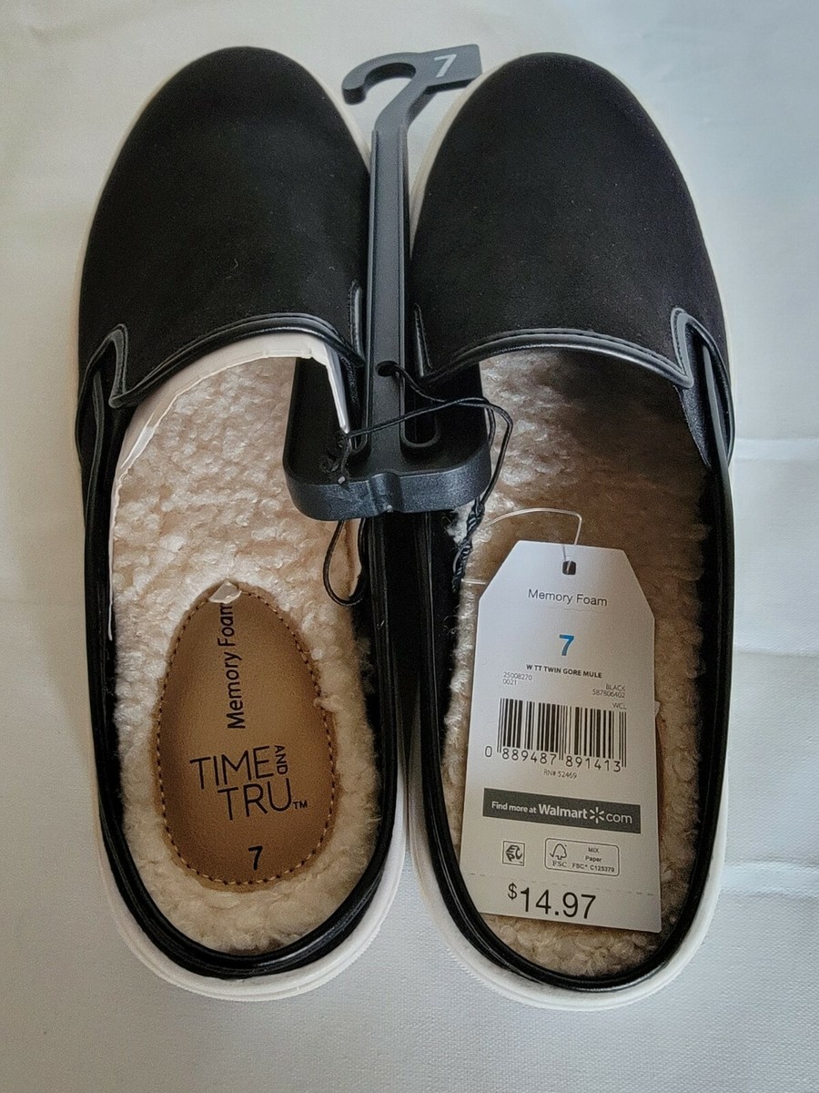 Time And Tru Women's Size Black Slip On Sherpa Lined Mule Shoes NEW