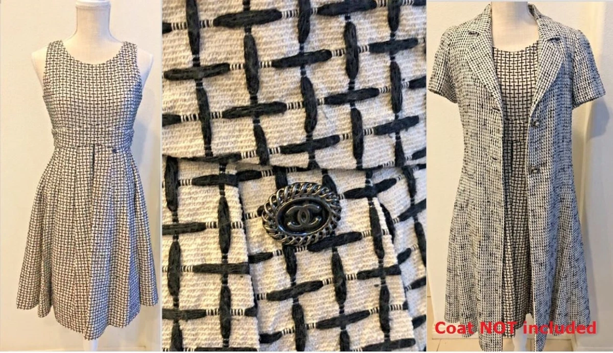 CHANEL Tweed Dress FR 36 US 4 Logo Button White Black Pleated Cotton Silk  Classy