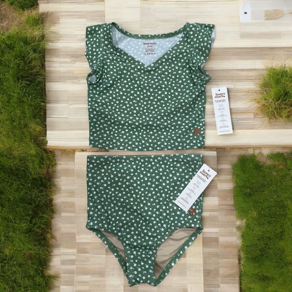 Honey Mark Mädchen grün Blumen Zweiteiler Badeanzug Rüschenärmel Bikini 3T 4T