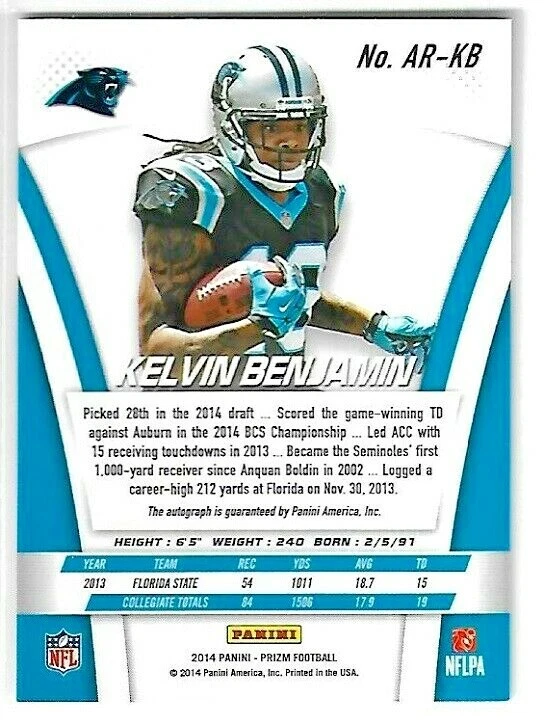 Kelvin Benjamin Autographed Prizm Rookie Auto Football Card Panthers - Image 2 of 2