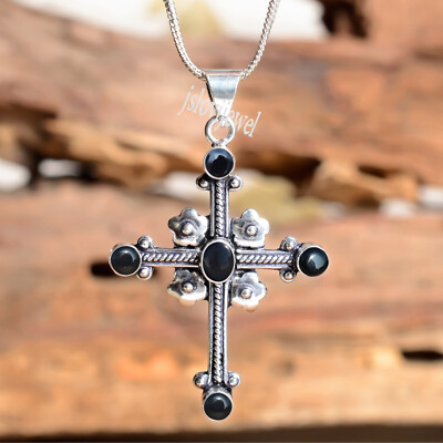 Black Onyx Multi Gemstone 925 Sterling Silver Cross Religious