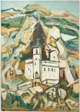 Beautiful Post Impressionist Oil Painting of Mountain Church Illegibly Signed