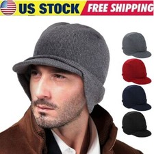 Men Winter Warm Hat Knit Visor Beanie Fleece Lined Billed Beanie W/ Brim Cap USA