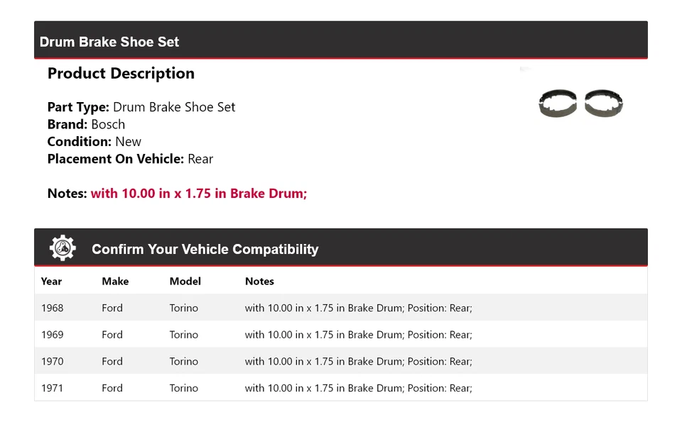 For 1968-1971 Ford Torino Bosch Drum Brake Shoe Set Rear 1969 1970 - Image 2 of 4