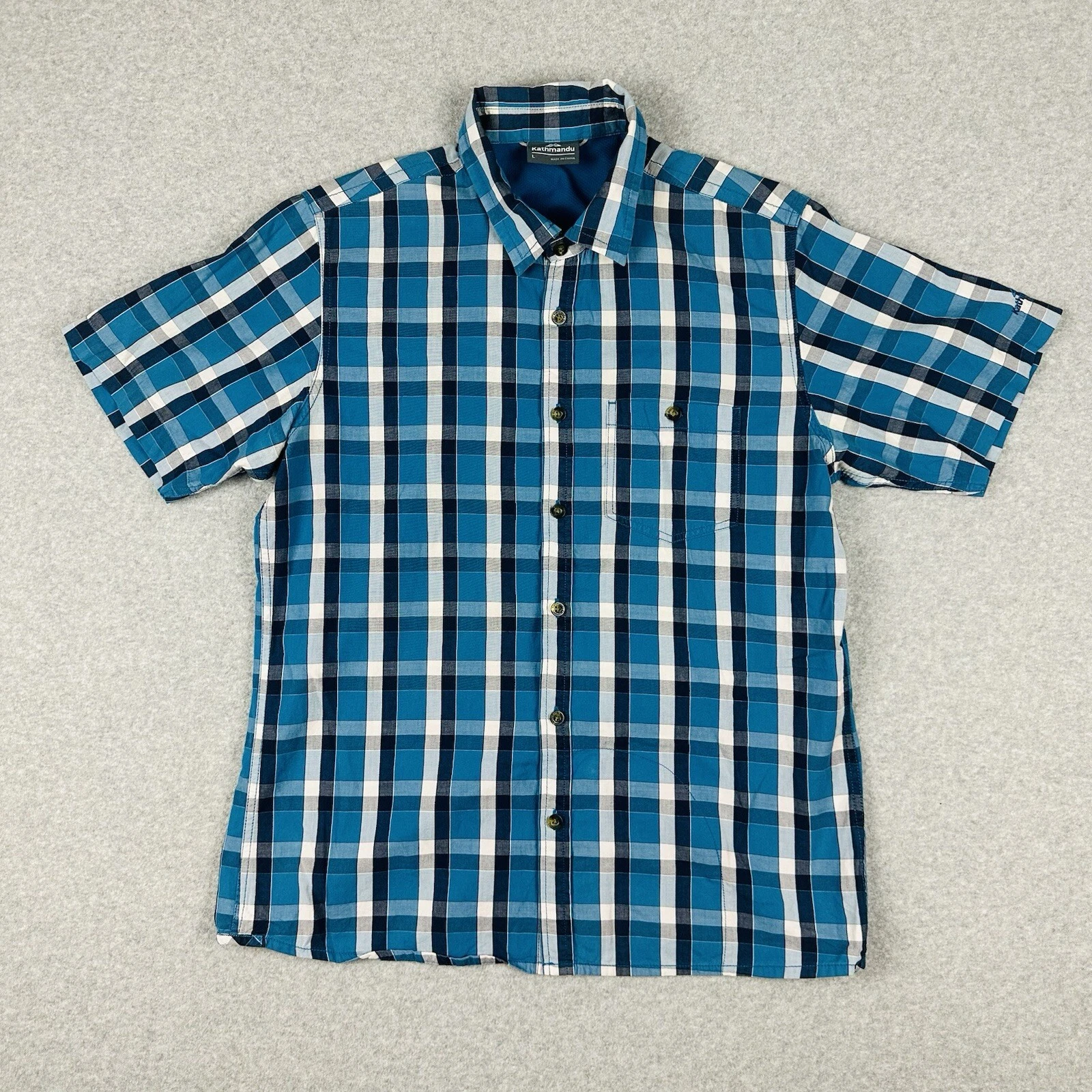 Kathmandu Short Sleeve Check Shirt Size L Blue Hiking & Outdoors Travel Pocket