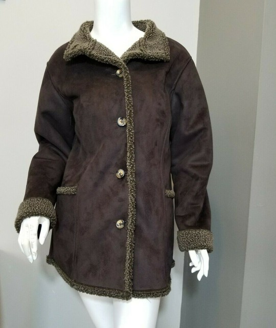 LL Bean Faux Suede Shearling Sherpa Coat Lined Jacket Brown Women's