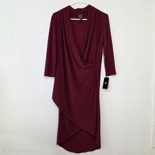 Clara Sun Woo Wrap Dress Womens S Burgundy New DR600L Draped Tulip Hem Elegant