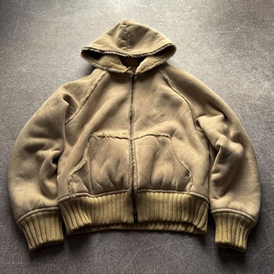 Womens Vintage Shearling Hooded Jacket Faux Fur Lined Winter Y2K Streetwear