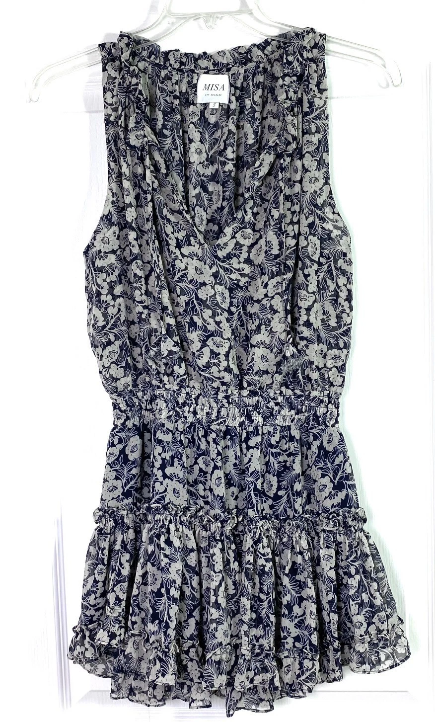 PALM ANGELS Mini abito MISA LA blu navy avorio stampa floreale Shirley con volant a strati S = 4 6