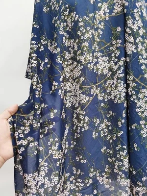 54'' Wide By Yard Blue Floral Shirt Material Natural Silk Cotton Fabric Soft - Image 1 of 4