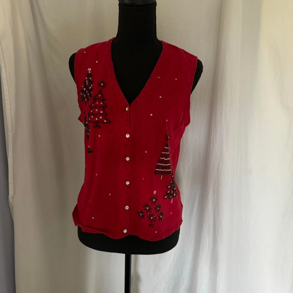 Mercer St Studio Navidad Tejido Chaleco Embellecido Con Cuentas Talla M Árboles de Navidad Foto 2 de 4