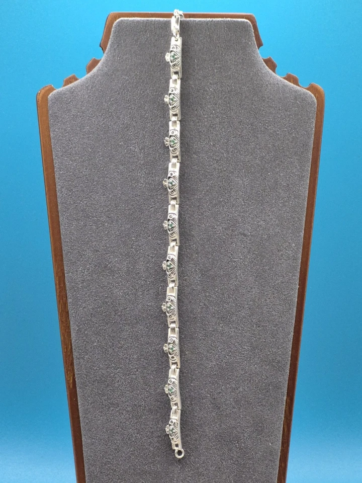 Irish Sterling Silver Ireland 925 Claddagh Bracelet Green Natural Emerald - Image 3 of 4