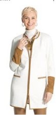 Chico s White Ponte Knit Suede Cuff Blazer Jacker Womens 1 Beige Brown Full Zip