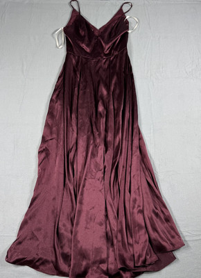 Galina Sz 8 Satin V Neck Maxi Bridesmaid Dress Maroon Formal Wedding Goth Dark