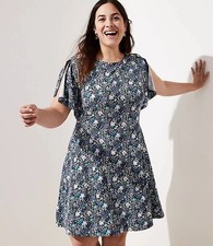 LOFT Dress Womens Plus 20 Blue White Floral Tie-Waist Flutter Sleeve Cottage NWT