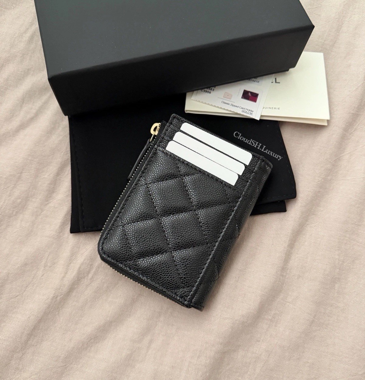 Auth BN Chanel Black Caviar Classic CC Logo Zip Card Holder Wallet image 3