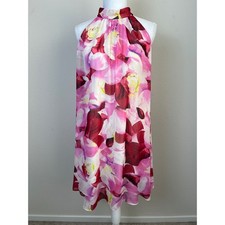 Eliza J Sz 4 Pink Floral Halter Neck Chiffon Midi Dress Layered Ruffle Cocktail