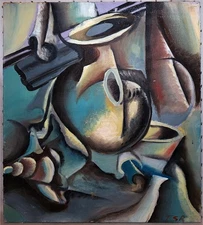 Stunning -CUBIST ABSTRACT- TSR Signed Mid-Century Modern Vintage Estate Painting