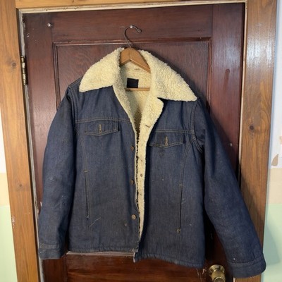 Vintage Roebucks Jacket Mens Large Blue Sherpa Lined Denim Trucker Sears 80s