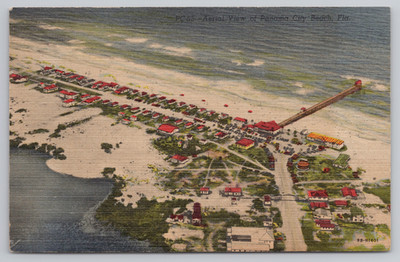 Panama City Beach FL Aerial View Vintage 1951 Postcard Pier Red Roof Cottages