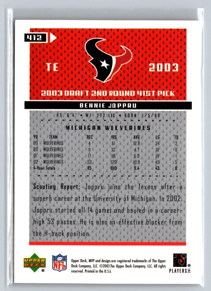 2003 Upper Deck MVP #412 Bennie Joppru Houston Texans - Image 2 of 2
