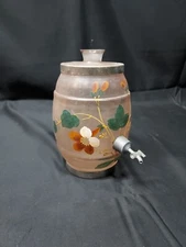 1920s Cork Top PINK Frosted ENAMELED Glass Barrel Keg Wine Dispenser Decanter