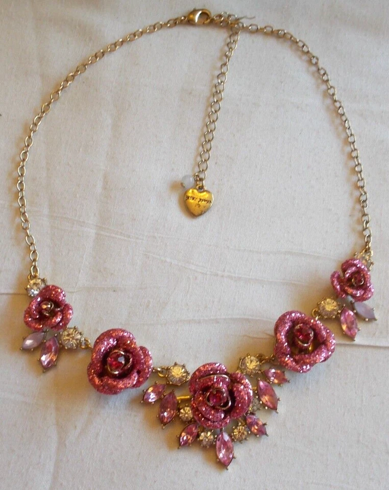 BETSEY JOHNSON SPARKLING PINK CRYSTAL AND RHINESTONE INLAY FLORAL PAVE NECKLACE - Image 2 of 4