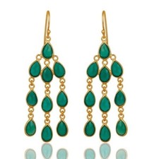 14K Gold Plated 925 Sterling Silver Pear Green Onyx Chandelier Wedding Earrings