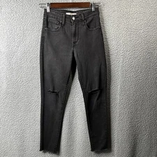 Levis Womens 721 Jeans Size 25 Black High Rise Skinny Destroyed Raw Hem Denim