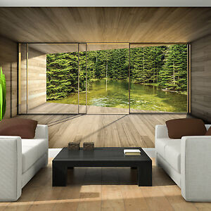 Vlies Fototapete 3d Terrasse Fenster Ausblick Wald See Natur Wohnzimmer Tapete Ebay