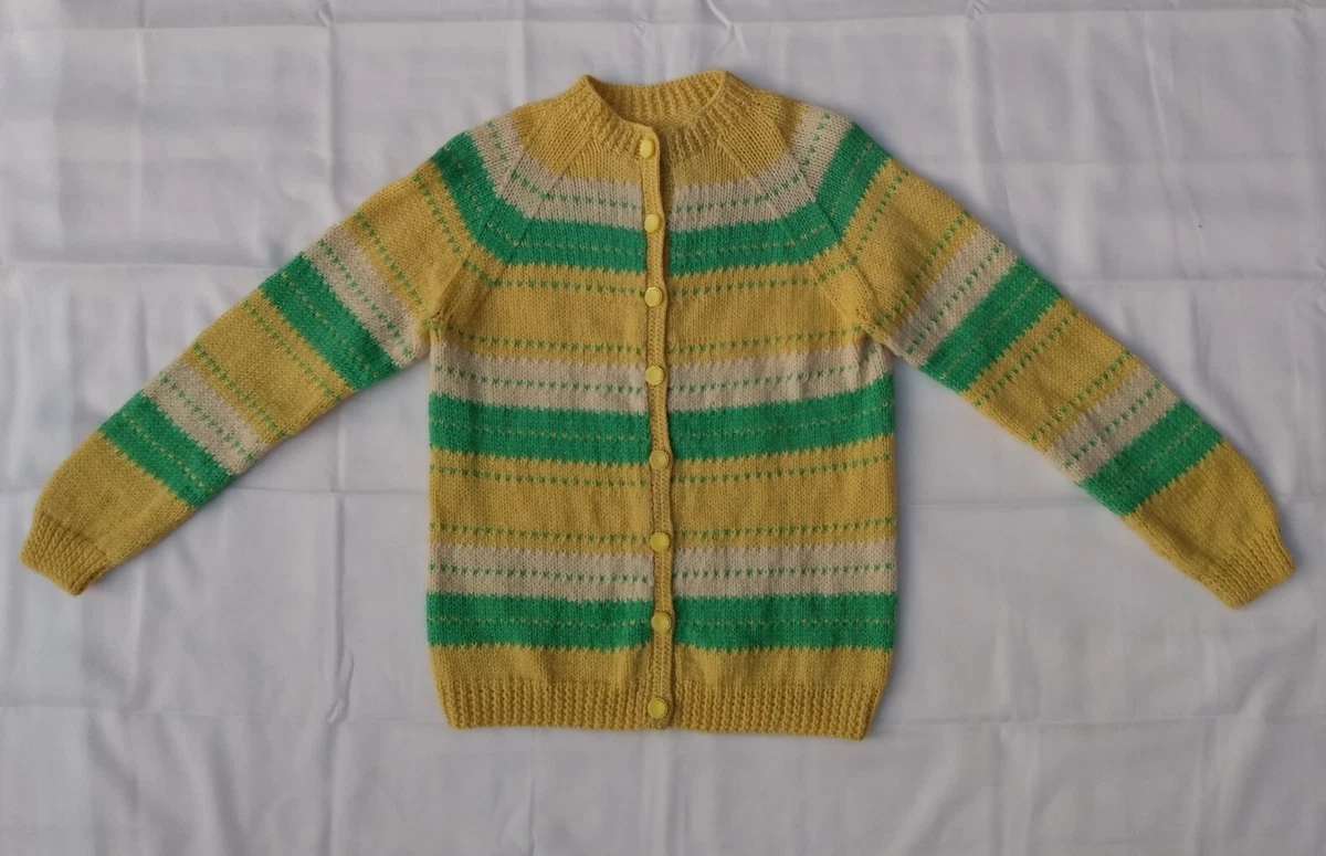 Vtg hand knit wool 50s 60s cardigan sweater YELLOW GREEN WHITE STRIPE  handmade