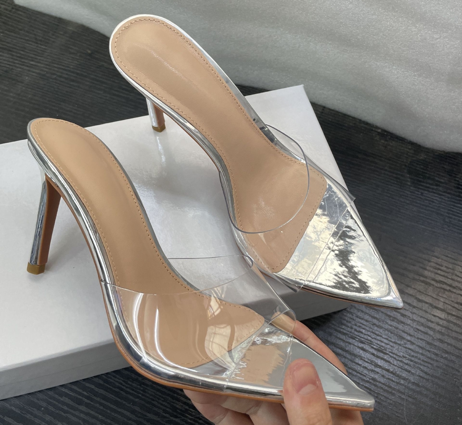 Sandalias de tacón alto de aguja de PVC transparente con punta en punta para mujer Zapatos de fiesta sin cordones