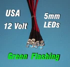 10 FLASHING LEDS 5mm PRE WIRED 12 VOLT GREEN 12V BLINK