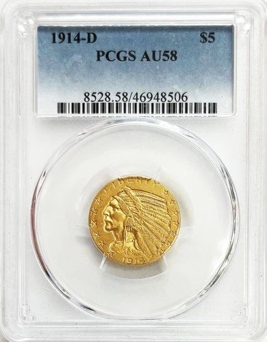 1914 D GOLD USA $5 INDIAN HEAD HALF EAGLE COIN PCGS ABOUT UNC 58