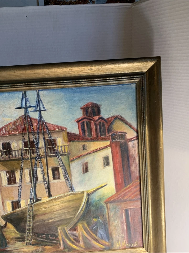 Vtg Oil Painting~Italy Fishing Boat 1940s Abstract 20x27” Gold Orig Frame Signed - Image 4 of 4