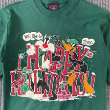 Vintage Looney Tunes Sweatshirt Green Holiday Sylvester Daffy Tweety 90s USA L